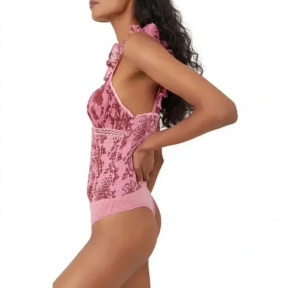 Free People Pink Floral Lace Corset Bodysuit